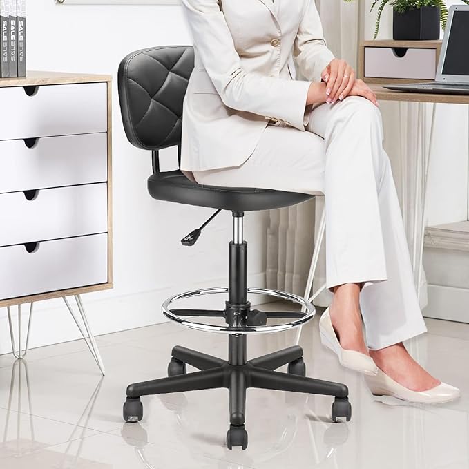KLASIKA PU Leather Rolling Stools with Foot Rest and Back Support, Adjustable Diamond Upholstered Drafting Chair with Wheels, Multi-Purpose Desk Chair for Home Office Bar Kitchen Shop, Black (2PK)