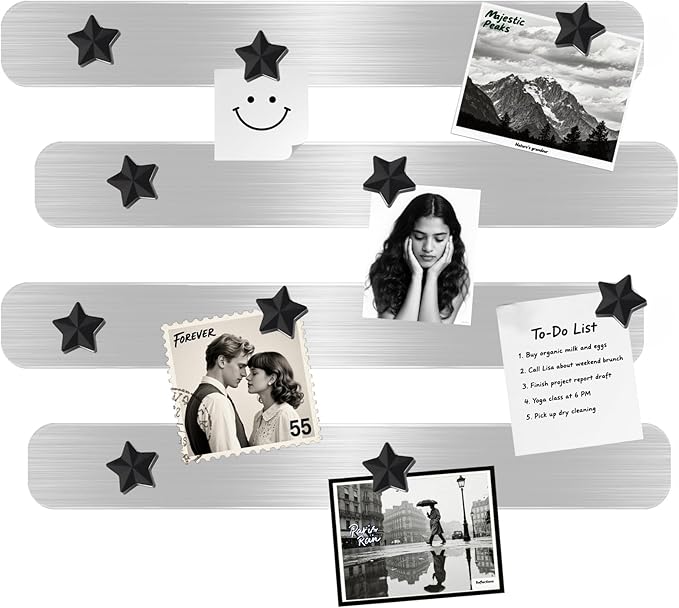 Magnetic Board - Frameless Stainless Iron Magnetic Strips with Adhesive Backing, 4pcs Magnet Board for Wall, Bulletin Bar Board with 10 Pieces Black Star Magnet, Memo Bar for Office School Home