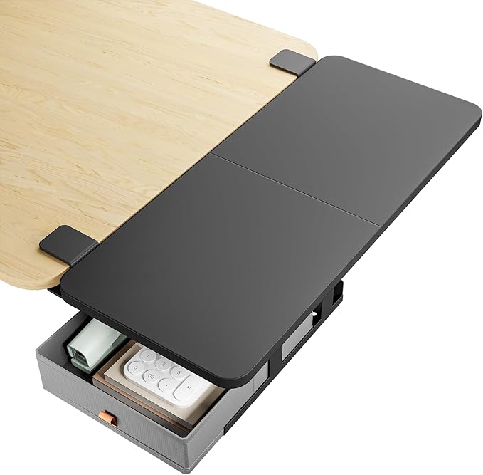 PEGZONE Desk Extender Tray, 28" x 12" Clamp On Desk Shelf, Desk Extension with Storage Drawer, Table Desk Arm Rest, Clamp On Keyboard Tray for Office and Home, Workstation Organizer, Large, Black