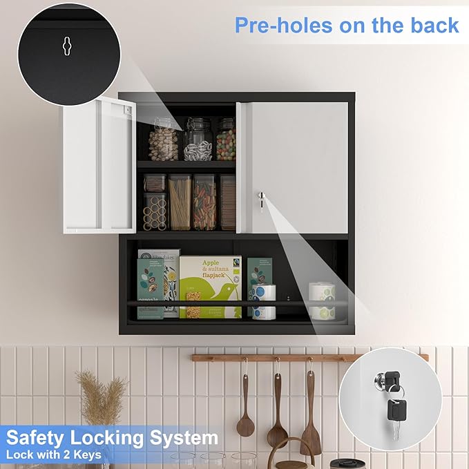 Metal Cabinet Wall Mounted, Garage Storage Cabinet Heavy Duty, Metal Tool Cabinets with Doors and Shelves, Steel Wall Mounted Storage for Basement, Shop