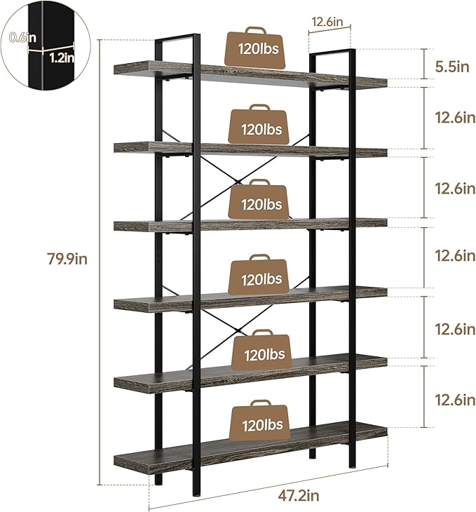 OtterOasis Bookshelf Set, Heavy Duty 6-Tier Industrial Bookcase, 47" Wide Wood Bookshelf for Home Office, 120lbs Shelf Capacity, Rustic Open Display with Horizontal Shelf for Living Room Bedroom, Grey