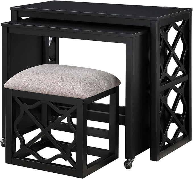 Desks and Stool Set 3pc White Finish Rolling Desk with Casters, 2 Charging Ports Home Office Furniture(Black)
