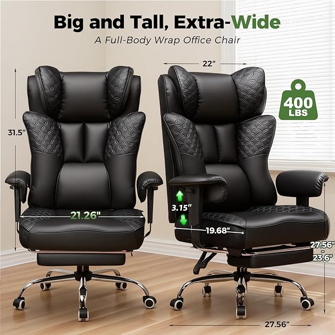 GTPLAYER Big and Tall Office Chair 400LBS Wide Ergonomic Gaming Chair with Deluxe Embossing Designed Leather with Foot Rest,150°Reclining Adjustable Soft Armrests Pocket Spring Back Support and Pillow