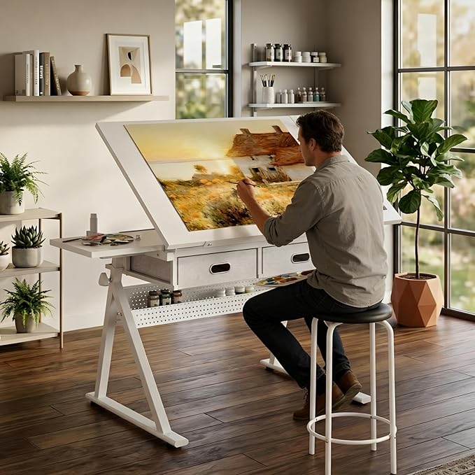 Drafting Table, Height Adjustable Drawing Table Art Table with Stool, 0-75° Tilted Tabletop Artist Desk Painting Table with Storage for Home Office School, Type 4-All White