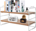 PowerKing Desk Shelf Organizer, 2-Tier Desktop Shelves with Wood Board, Adjustable Bookshelf Storage Rack for Home Office School Study Room (White Frame + Original Wood)
