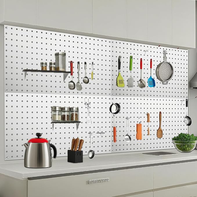 Garage Pegboard Organizer - 4-Pack 24" x 12" Silvery Heavy-Duty Metal Pegboard Panels, High-Capacity Wall Mount Peg Board for Tool Storage, Workshop, Kitchen, Garage & Office Organization