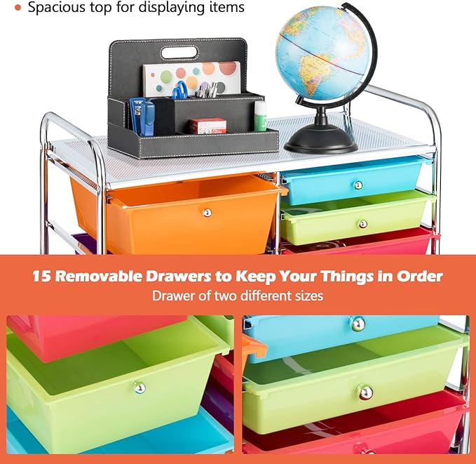 Moccha 15-Drawer Rolling Storage Cart - Under Desk Storage Drawers with wheels for Craft Art Supply Paper Salon, Scrapbook Paper Tools, Mobile Utility Cart for Classroom (15 Drawers, Multicolor)