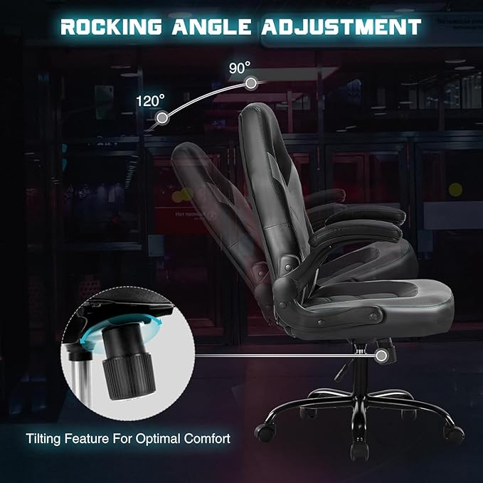 DUMOS Ergonomic Computer Gaming Chair with Flip-up Armrest, Height Adjustable PU Leather Home Office Desk Chair with Lumbar Support Swivel Wheels and for Adults and Kids, Black and Gray
