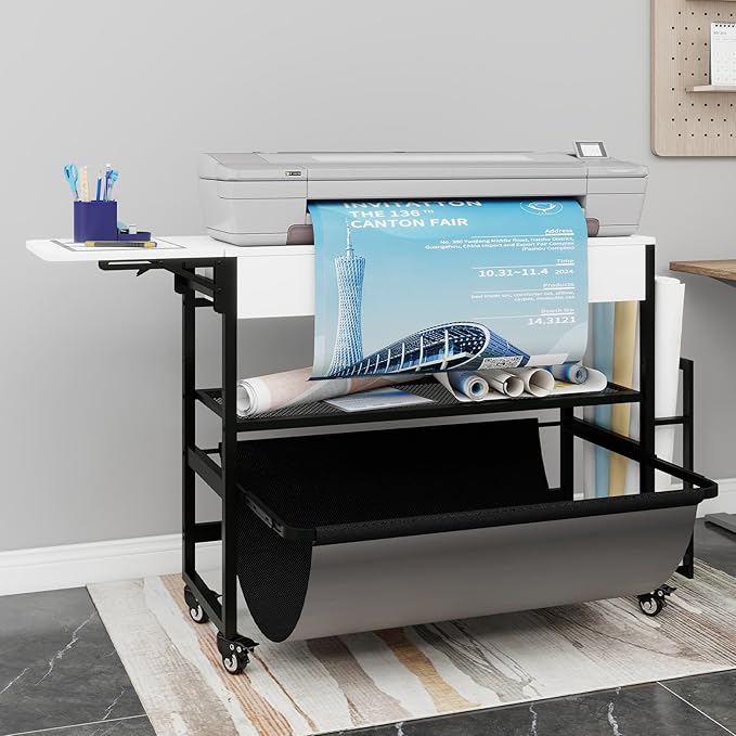Wide Format Printer Stand with Laptop Station, Plotter Workbench Table with Pull-out Drafting Storage, Roll Paper Holder, Accessory Drawer & Adjustable Shelf for Plotters/Cutting Machines (White)