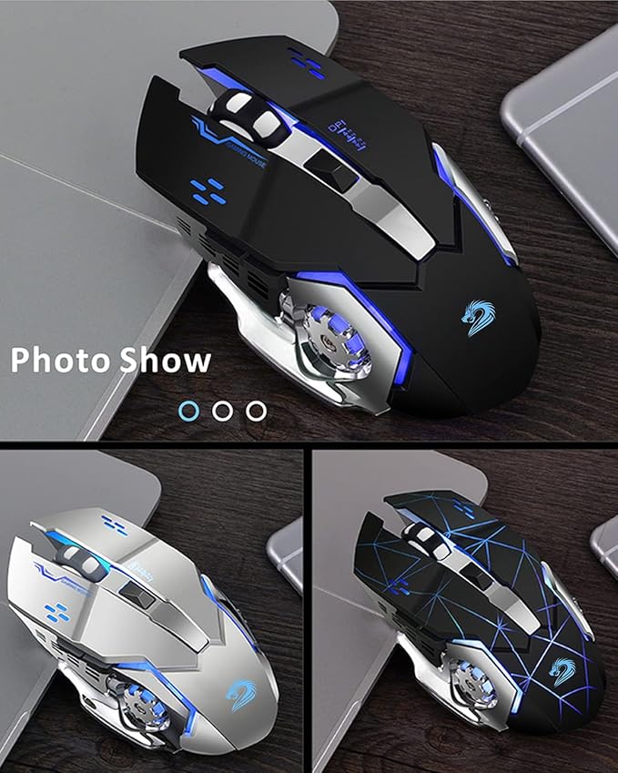 Uciefy Q85 Rechargeable Wireless Gaming Mouse, 2.4G LED Optical Silent Wireless Computer Mouse with 4 LED Light, 3 Adjustable DPI, Ergonomic Design, Auto Sleeping (Black)