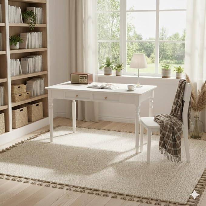 47.2in Country Desk and Chair Set, Home Office Computer Desk with Ergonomic Office Chair, Wooden White Writing Desk Study Table, for Bedroom, Office or Student Workstation(47.2'' x 23.6'' x 29.5'')