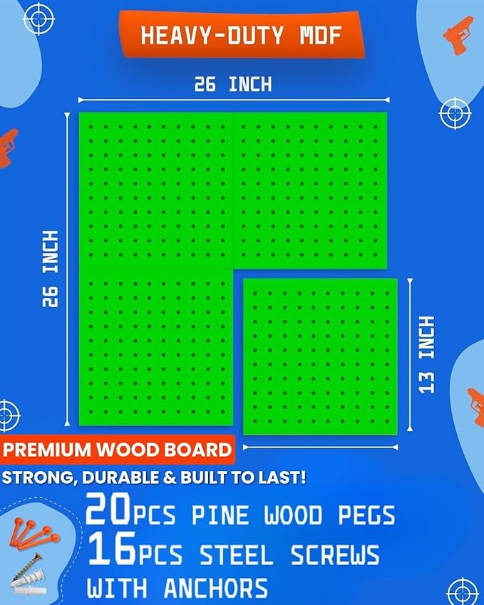 Skywin Wooden Pegboard Walls Organizer for Nerf Gun 13 x 0.32 x 13 Inches - Hanging Holder Wall Pegboard Compatible with All Blasters Nerf Gun Rack Organizer for Wall Organization (Green)