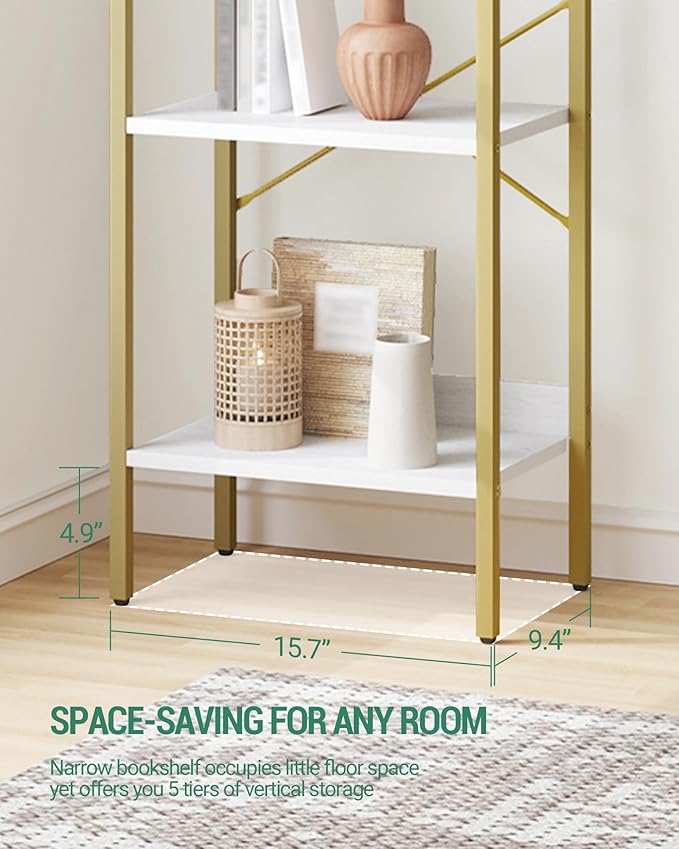 Hzuaneri Bookshelf, Book Shelf, Industrial Bookcase with 2 Hooks, Coner Shelf Storage Organizer for Home Office, Living Room, Bedroom, Kitchen, 5-Tier White Gold BC10513G