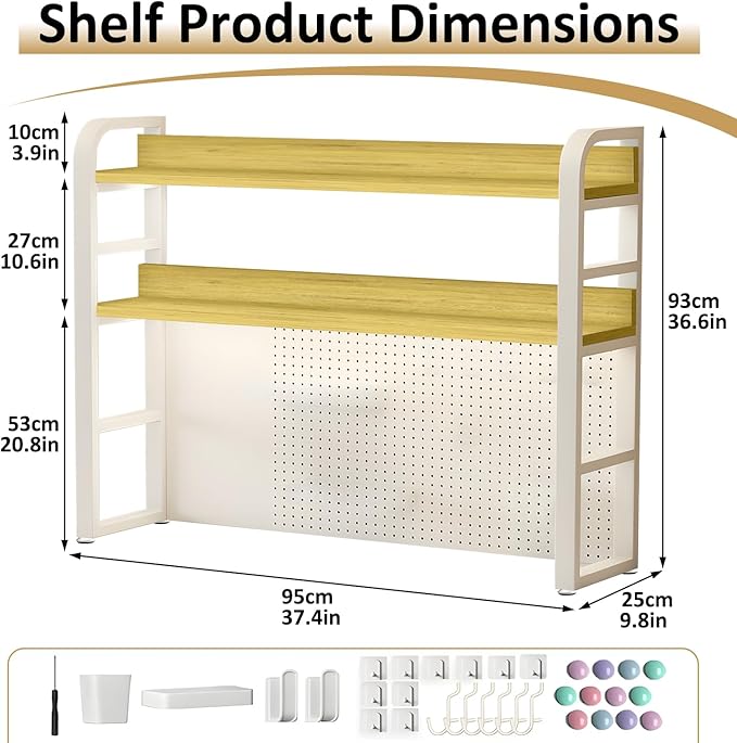 Desktop Hutch Bookshelf with Pegboard,Desk Organizer Shelf Bookcase, Countertop Storage Organizer Rack for Dorm Office Home Dormitory (White, 95CM/37.4IN)
