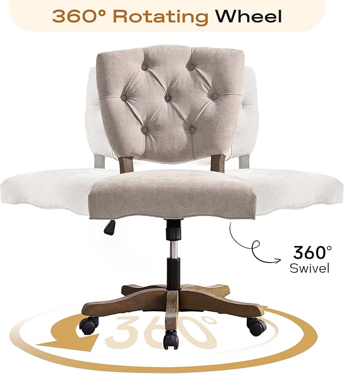 HUIMO Upholstered Swivel Desk Chair Chenille Tufted Fabric Home Office Chair with Wheels Adjustable Height Classic Task Chair with Wooden Legs Comfortable Armless Chair for Studio Study (Brown)