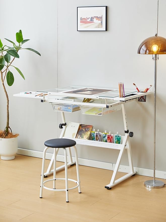 Glass Drafting Table and Stool Sets, Adjustable Height Drawing Table Art Craft Artist Desk Tilting Glass Tabletop with 2 Storage Drawers for Home Office (White-Type 2)