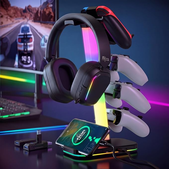 RK ROYAL KLUDGE HG101 Wireless Gaming Headset, 7.1 Surround Sound, Stereo Wired Headphones with Retractable Mic, Bluetooth 5.3, RGB, Memory Foam Ear Pads, Works with PC, PS4, PS5, Switch, Black