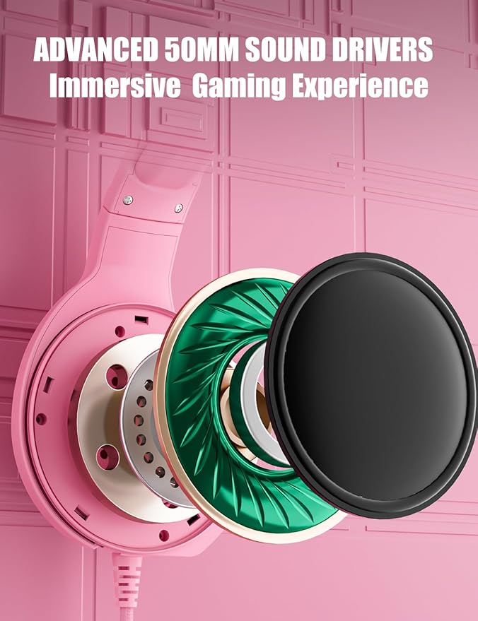 ZIUMIER Z20 Pink Gaming Headset with Microphone, Compatible with PS4 PS5 Xbox One PC Laptop, Over-Ear Headphones with LED RGB Light, Noise Canceling Mic, Stereo Surround Sound (Pink)