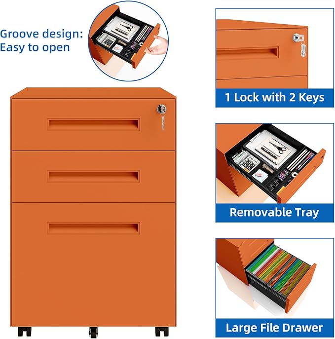 Dripex 3 Drawer Orange File Cabinet, Mobile Under Desk Storage File Cabinet with Lock on Wheels, Fully Assembled, Letter/Legal Size, Small Short Vertical Metal Rolling Filing Cabinets for Home Office