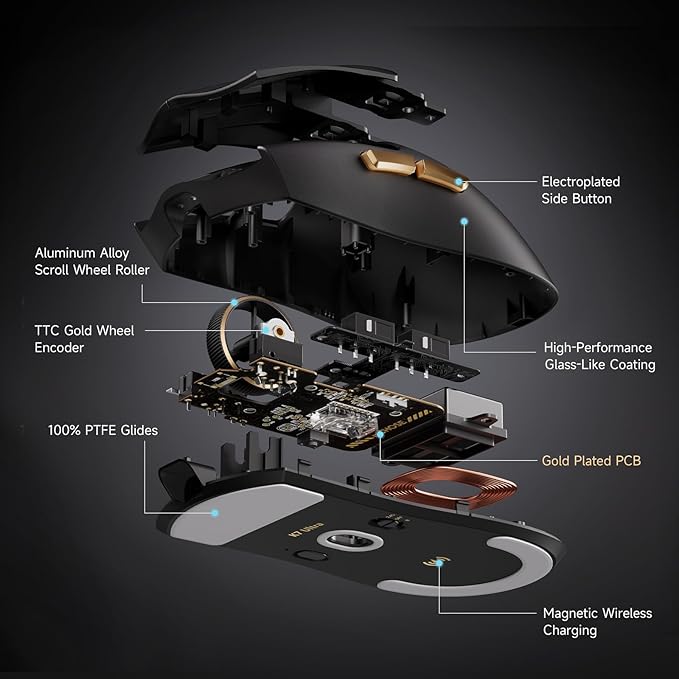 MCHOSE K7 Ultra Gaming Mouse Wireless, 59g Ultra-Lightweight, PAW3950 Sensor, 8000Hz Polling Rate, 42K DPI, 5 Programmable Buttons, 120 Hours of Playtime, Magnetic Wireless Charging Dock White Gold