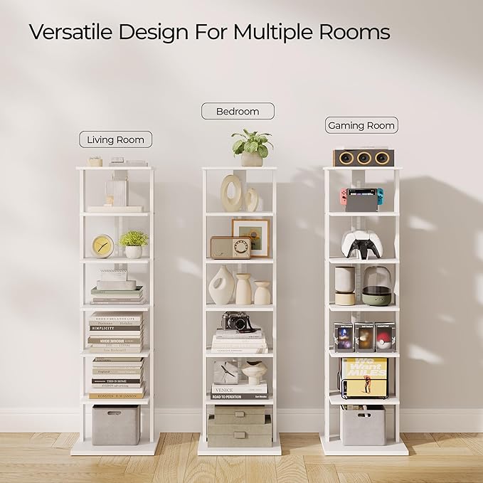 7-Tier Bookshelf, Narrow Bookcase with LED Lights, 47.2 Inch Book Shelf for Small Space, Display Storage Shelf for Living Room, Bedroom, Home Office, Study, White