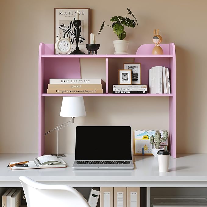 Wooden Desktop Bookshelf 37”,3-Tier Rounded-Edge Desk Storage Organizer,Space-Saving Countertop Shelf for Office Dorm Home,Pink