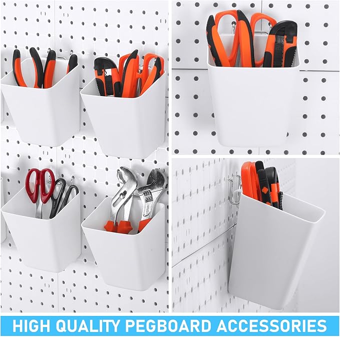Uiifan 18 Set Pegboard Bins Kit Plastic Pegboard Cups with Metal Hooks Wall Containers Organizer Accessories with Label Stickers for DIY Tools Craft Office Workshop Garage Storage(White)