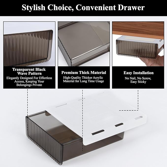 Boxalls Under Desk Storage Drawer, Under Table Slide Out Self-Adhesive Organization, Translucent Black Large