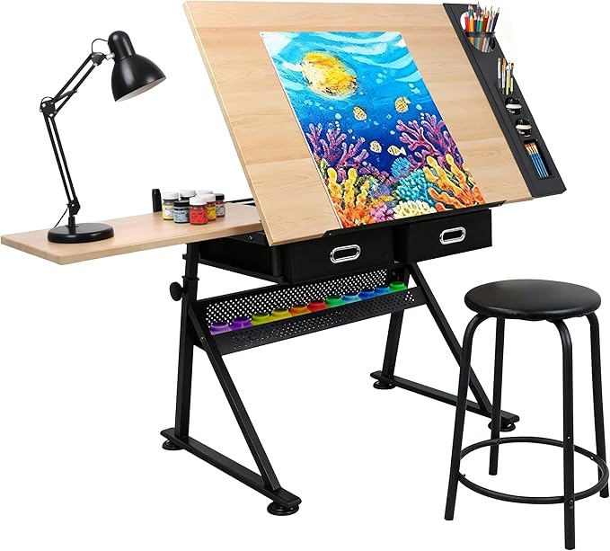 JupiterForce Drafting Table Art Desk with 2 Storage Drawers, Height Adjustable Drawing Table for Painters, Working, Writing, Home Office, Natural