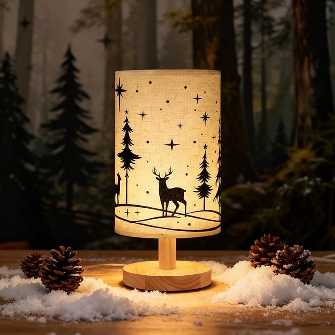 Glooglitter Christmas Lamp Christmas Decorations Indoor 11.6 Inch Small Xmas Tree Deer Bedside Table Light LED Desk Light USB Nightstand Lamp with Non Slip Wood Base Lampshade for Gifts Home Desk