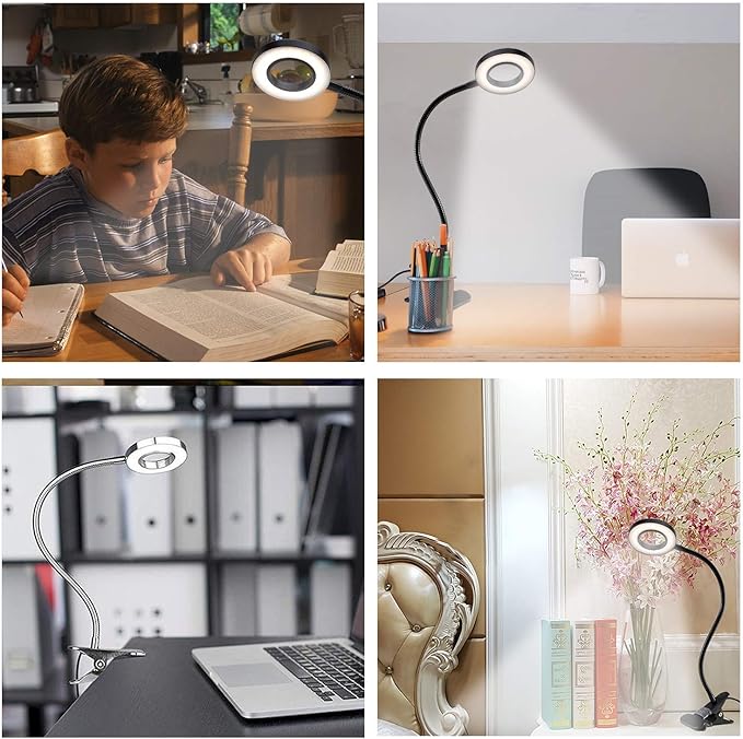 Clip Light Reading Lights 48 LED Clamp-on Desk Lamp with 3 Color Modes and 10 Brightness Dimmable, 360 ° Flexible Gooseneck Book Clamp Light for Video Conference Lighting Headboard