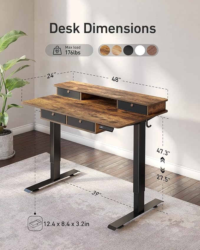 CubiCubi 48" x 24" Standing Desk with Drawers, Electric Height Adjustable Workstation, Computer Sit Stand Up Office Table with Large Storage Shelf, 4 Drawers and 2 Hooks, Vintage Brown