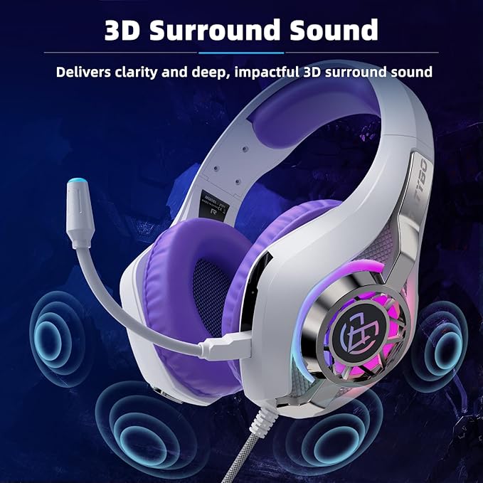Tatybo Gaming Headset for Ps4 Ps5 Switch PC Mobile Xbox with Noise Canceling Mic, Wired Gaming Headset with RGB Light, Stereo Surround Sound