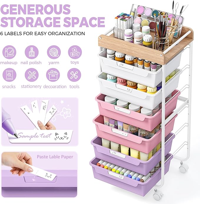SYKIARIOL Rolling Cart with 6 Drawers,Utility Storage Cart with Drawers,Art Craft Organizers and Storage,Makeup Organizer with Wooden Tabletop,Purple