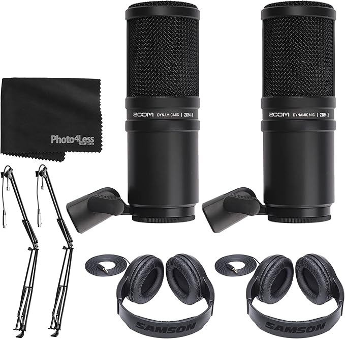 Zoom ZDM-1 Dynamic Microphone + On Stage Broadcast/Webcast Boom Arm + Stereo Headphones + Cleaning Cloth (2 Person Mic Bundle)