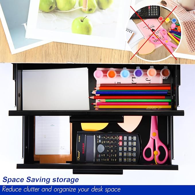 Menkxi 16 inch Under Desk Drawer Storage Pull out Storage Organizer Mounted Metal Sliding Hidden Under Counter Drawer Vertically Stacked for Office Sit Stand Workstation (2 Layer)