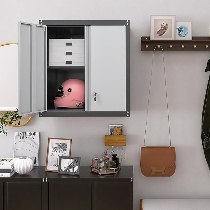 Metal Garage Storage Cabinet, Metal Wall Cabinets with Doors and Shelves, Steel Locking Cabinets, Floating Tool Cabinet for Garage, Basement, Warehouse