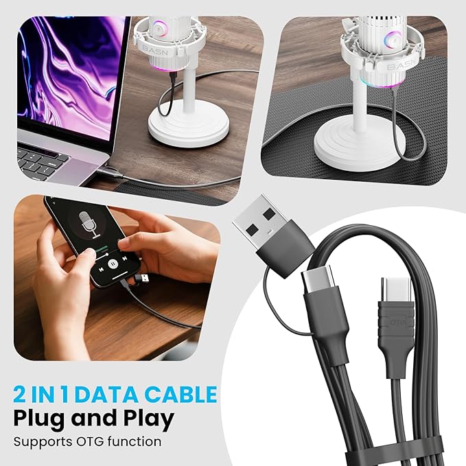 BASN USB/XLR Dynamic Microphone, Live Streaming, Gaming Recording with Three-in-One Mute Button,RGB Lighting and MIC Stand for PC (White) SL2000
