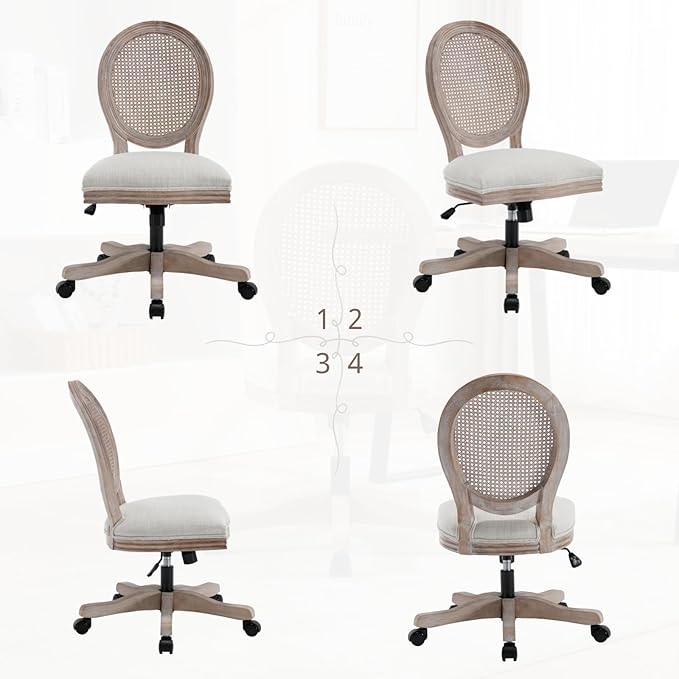 HEAH-YO Home Office Chair, Vintage Linen Fabric Armless Desk Chair with Rattan Backrest and Wheels, Swivel Vanity Chair for Bedroom, Beige