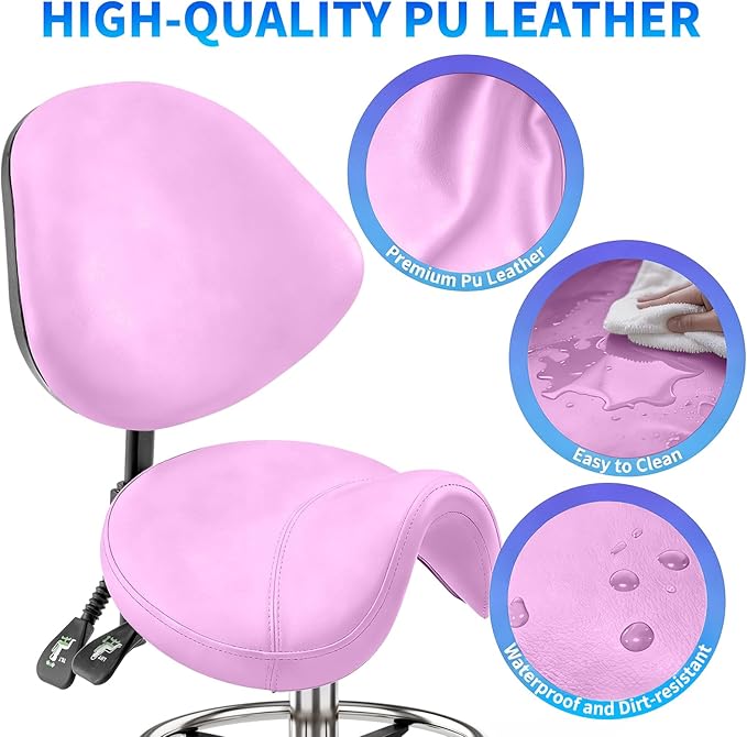 Saddle Chair with Back Support - Tilted Backrest, Adjustable Foot Rest, 350 LBS Capacity Ergonomic, 360° Swivel Drafting Chair for Salon, Spa, Massage, Tattoo, Facial lash, Home,（Macaron Purple）