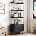 ONBRILL 71" Tall Bookshelf, 4-Tier Book Shelf with Storage Cabinet, Modern Bookcase with Sliding Door and Adjustable Footpad, Freestanding Storage Organizer Bookshelf for Living Room, Bedroom, Black