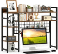 Giantex Desktop Bookshelf, 37" Desk Shelf for Up to 32" Computer Monitor, 4 Tier Desktop Display Shelves w/Grid Panel, 6 Movable Hooks, Anti-tip Device, Desk Hutch for Home Office Dorm (Rustic Brown)