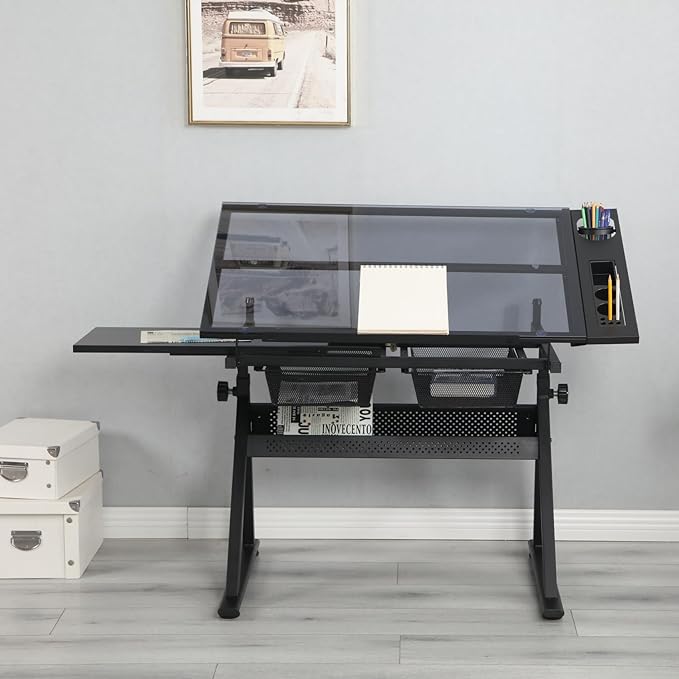 Drafting Table Desk, Painting Table Art Craft Desk Crafting Table with Tilting Tempered Glass Top, 2 Storage Drawers, Height Adjustable