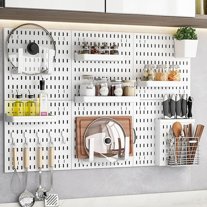 Aupekro 27 Pcs Pegboard Combination Kit, White Peg Boards Wall Organizer Panels, Pegboard Combination Wall Organizer Kit for Office, Nursery & Home Storage (6 Pegboards & 21 Accessories)