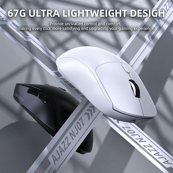 A.JAZZ NJ07 Wireless Mouse,67g Ultra-Lightweight,3-Mode 2.4G/Bluetooth/USB-C, 6 Adjustable DPI up to 12800, 1000Hz Optical Sensor, Ergonomic Design Long Battery Life, Compatible with PC & Mac-White