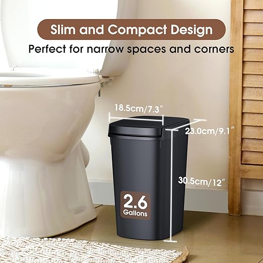 CEROELDA Small Bathroom Trash Can, 2.6 Gallon Slim Mini Garbage Can Small Trash Bin Plastic Waste Basket for Dorm Room, Bedroom, Office, Toilet (1 Pack-Black)