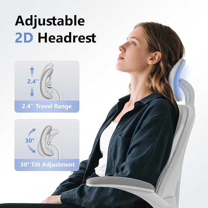 SeekFancy Ergonomic Office Chair M903, Computer Desk Chair with Wheels, High Back Mesh Office Chair with Adjustable Lumbar Support, Headrest, Flip-Up Armrests, White Grey