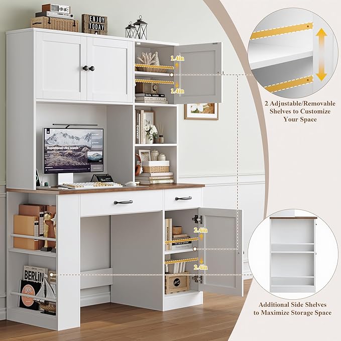 Keyluv 71" Tall Computer Desk with Hutch Cabinet, Home Office Desk with Storage Drawers Shelves and Side Rack, Wood Executive Desk with Doors, Outlet Station and Smart LED Lights, White