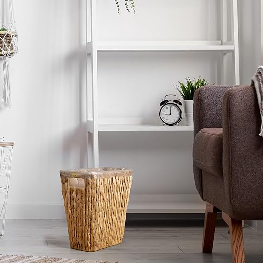 3 Gallon Wicker Trash Can, Woven Water Hyacinth Wicker Waste Basket for Bathroom, Small Trash Can for Bedroom, Rectangular Garbage Can for Boho Decor Bedroom Bathroom