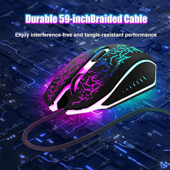Wired Gaming Mouse, 4-Color LED Light Computer Mouse, Ergonomic Mouse with 6 Silent Click Buttons, 3 Adjustable 2400 DPI USB Wired Mouse for Laptop, PC, Mac, Black